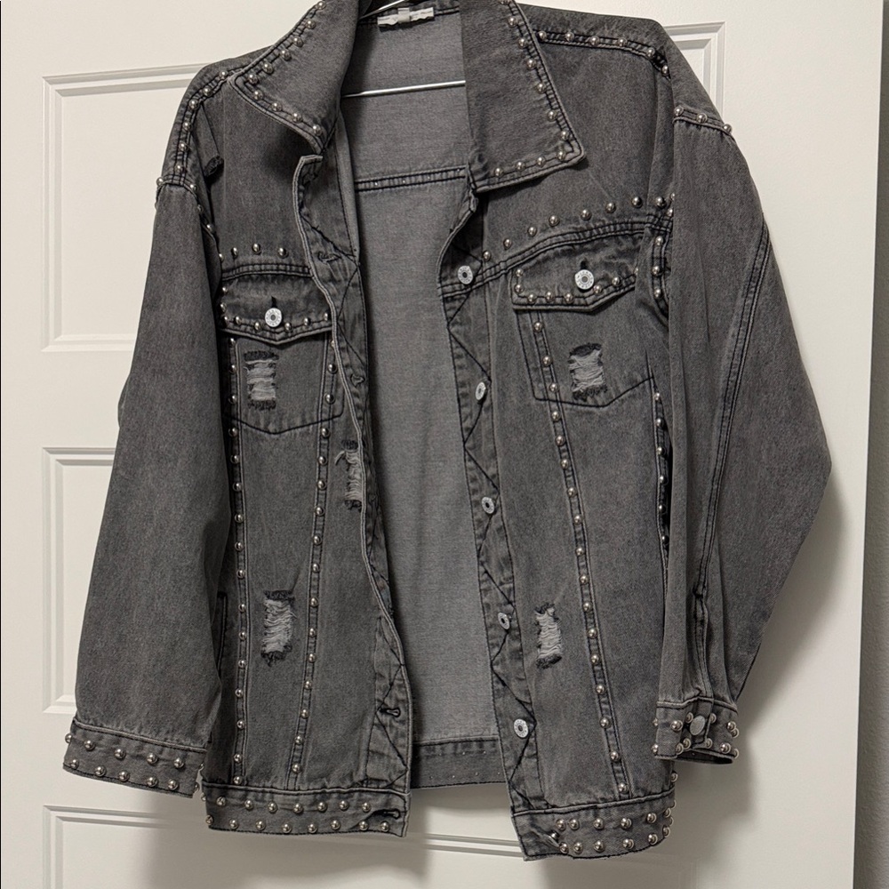 Studded Distressed Gray Denim Jacket